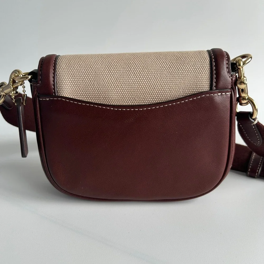 Coach Amelia Small Saddle Bag Burgundy Canvas Leather Excellent